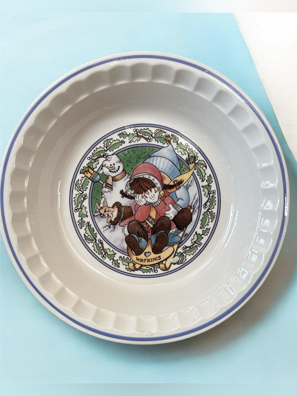 Vintage Watkins Holiday Illustrated Ceramic Pie Baking Dish Cream with Blue Trim